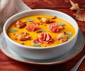 Maple Sweet Potato Soup with Parmesan Croutons