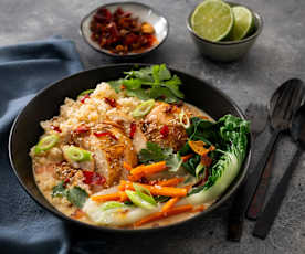 Chilli chicken and greens in coconut broth