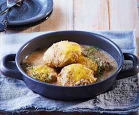 Cheese-Filled Beef Patties with White Wine and Almond Sauce