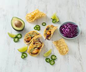 Prawn tacos with avocado lime sauce