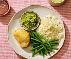 Chicken, Rice and Green Beans with Ginger and Spring Onion Oil