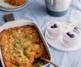 Menú: Pasta de atún gratinada. Mousse de zarzamora.