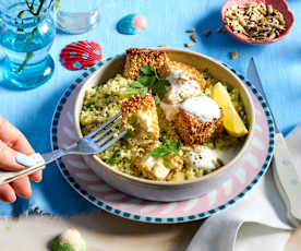 Zitronen-Couscous mit Schafskäse im Sesam-Mantel