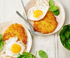 Röstis aux pommes de terre et épinards, œufs au plat