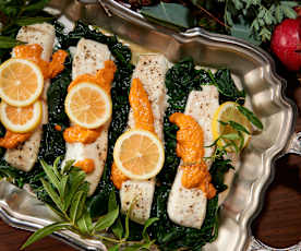 Steamed Halibut with Romesco Sauce (Bill Yosses)