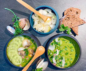 Houmous de petit pois aux orties, vapeur de coques aux herbes fraîches par Eric Guérin