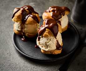 Cream Puffs (Profiteroles) with Vanilla Ice Cream and Chocolate Sauce