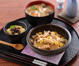 抹茶豆乳布丁、清酒蒸雞肉&蛤蜊味噌湯