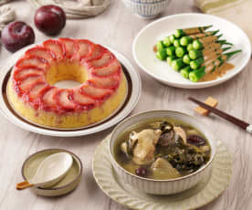 艾草雞湯、麻醬秋葵和李子蛋糕