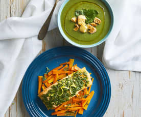 Vellutata di spinaci e topinambur, salmone alle erbe e limone, carote al timo