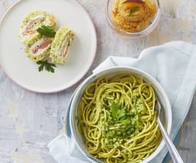 Menù: Rollè di zucchine farcito; Spaghetti con crema di fagiolini; Gelato veloce alla pesca (Bimby Friend)