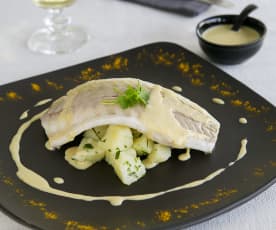 Λαβράκι με σάλτσα beurre blanc-πράσου και πατάτες