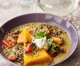 Curried lentils and steamed pumpkin