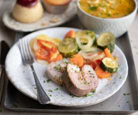 Minestrone, Pork Roll with Vegetables, Steamed Raspberry Puddings, Berry Muffins