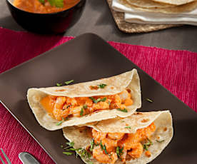 Tacos de gambas con salsa de pimientos