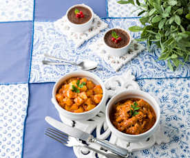 Frango à provençal com batatas e pudim de chocolate