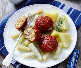 Fischbällchen mit Kartoffeln, Kohlrabi und Dill-Sauce