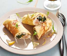 Roulés de crêpe au haddock fumé et tartare de wakamé