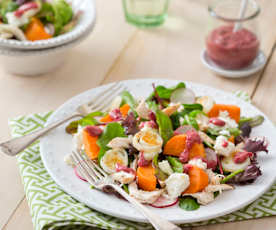 Shredded chicken and sweet potato salad with cranberry dressing