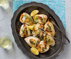 Calamari ripieni with lemon butter and crispy capers