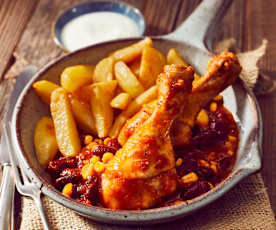 Drumsticks in scharfer Tomatensauce mit Kartoffelwedges