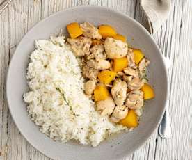 Hähnchen provençale mit Reis und Pfirsichen