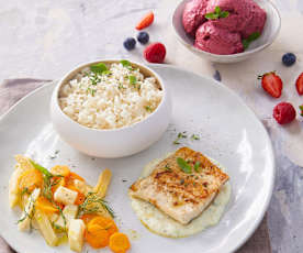 Menù: Filetti di trota con verdure e riso; Gelato alla frutta (Bimby Friend)