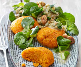 Süßkartoffelklöße auf Porree-Pilz-Ragout