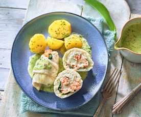 Schollenfiletröllchen mit Bärlauch-Lachs-Füllung