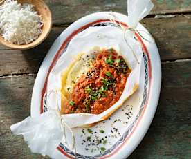 Steinbutt-Curry-Schiffchen mit Basmatireis (Indien)