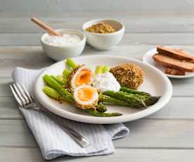 Dukkah eggs with asparagus and feta