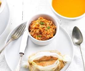 Cream of Tomato Soup with Carrot and Squash, Honey Mustard Salmon with Rice