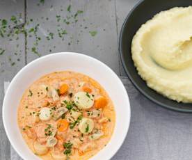 Strogonoff de palmito e cogumelos com puré de pastinaca e alho-francês