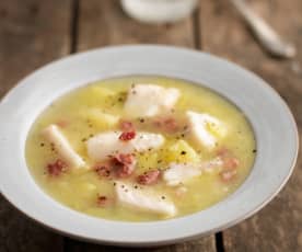 Cod Soup with Crispy Bacon and Leeks