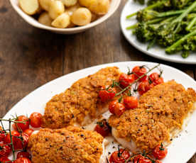 Cod with Olive and Bread Topping, Potatoes and Tenderstem Broccoli