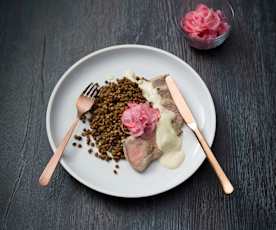 Pork and lentils with onion and radish pickle