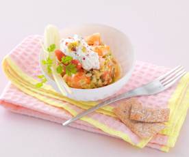 Tartare de crevettes et fenouil aux agrumes, crème de ricotta Passion et baies roses