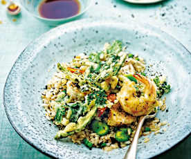 Donburi aux tempura de crevettes et wakamé
