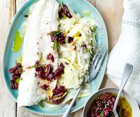 Bar, fenouil et riz, vinaigrette aux olives