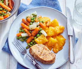 Pute mit Rahmkartoffeln und Gemüsemix