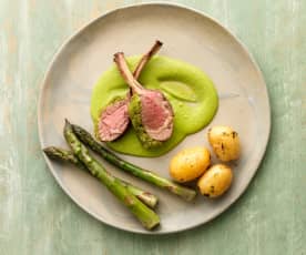 Herb Crusted Lamb with Pea Purée and Asparagus