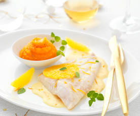 Turbot au beurre d'orange et purée carotte-coco