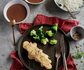 Salmon with Dill Cream Sauce, Broccoli and Basmati Rice; Chocolate Custard