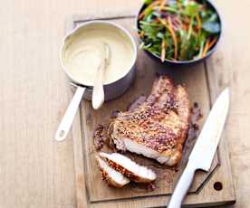 Côtes de veau au sésame, mousseline de pois chiches