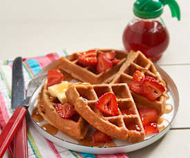 Peanut Butter Waffles with Jammy Maple Syrup