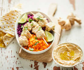 Minibrochettes de thon parfumé, crudités et houmous