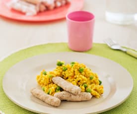 Ryż z pieczarkami, groszkiem i kiełbaskami z kurczaka (dla dzieci)