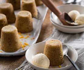 Steamed orange puddings with almond milk ice cream