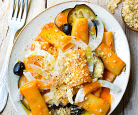 Rigatoni, fenouil, aubergine et sauce crémeuse