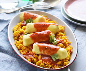 Quenelles de brochet, riz à paëlla et tomate